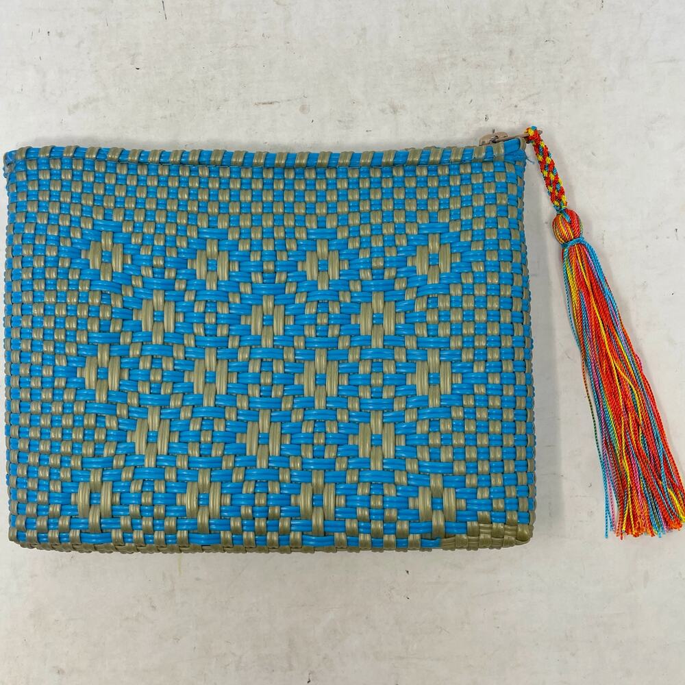 Origin Mexico Handmade Recycled Plastic Zipper Pouch Blue Gold